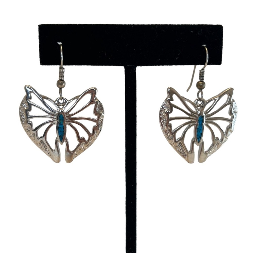 Silver Tone Cut Out Butterfly Dangle Earrings - Picture 2 of 14